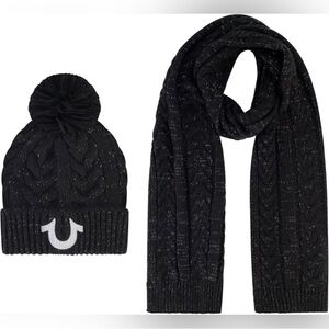 True Religion Black Knit Hat and Scarf Set